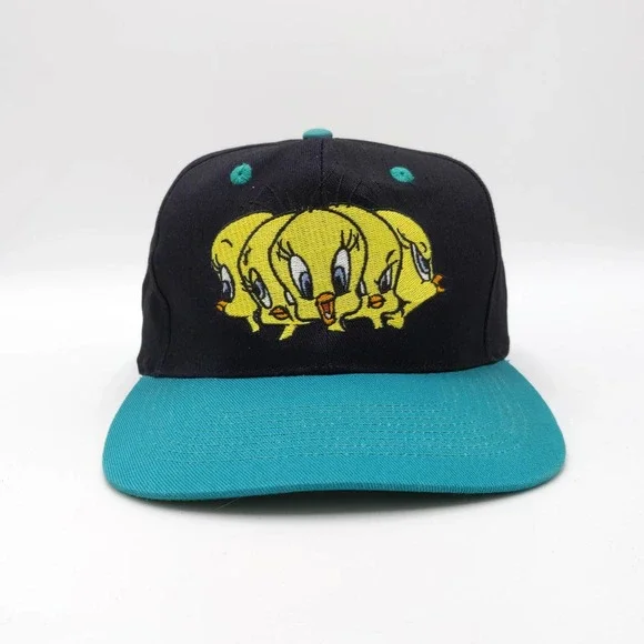 Vintage Tweety Looney Tunes Snapback Trucker Hat 1995 Two Tone Cap Black Teal